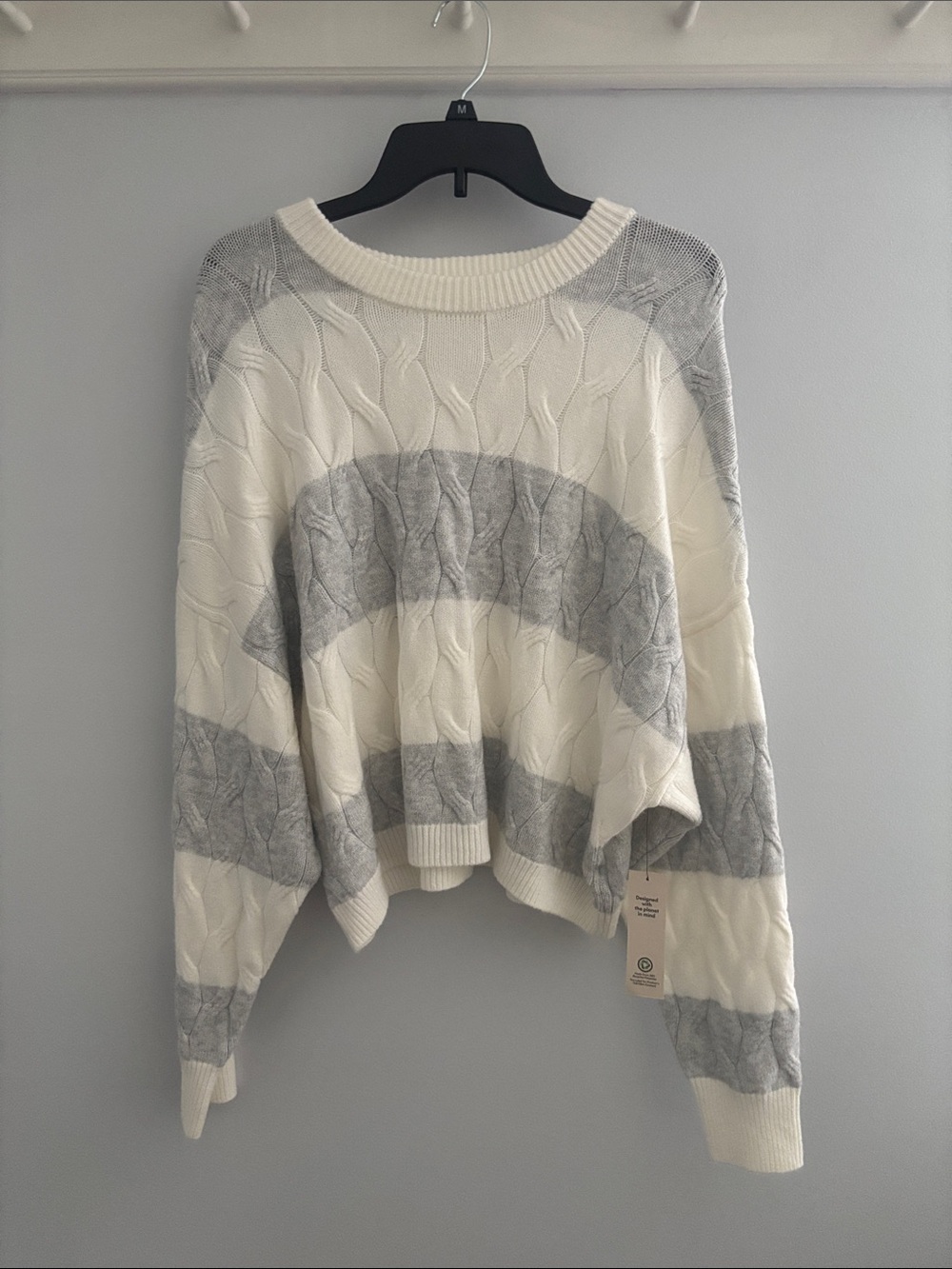 No Boundaries Cable-Knit Crew Sweater in Cream & Light Gray